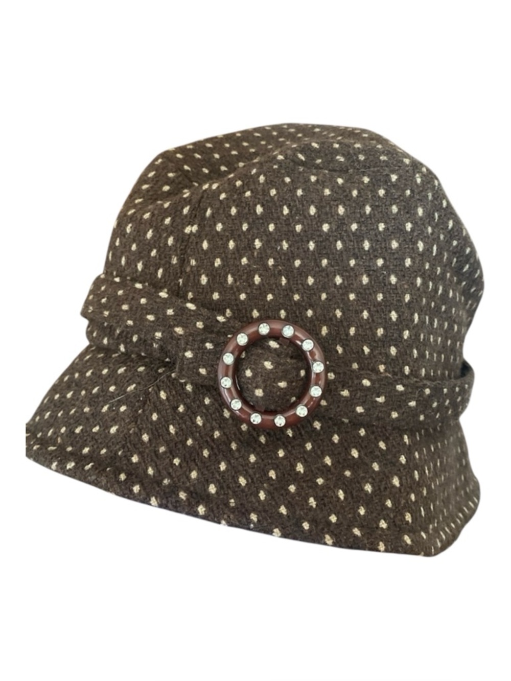 Vintage Manhattan Hat Company Brown Polka Dot Cloche Bucket Hat Rhinestone OS